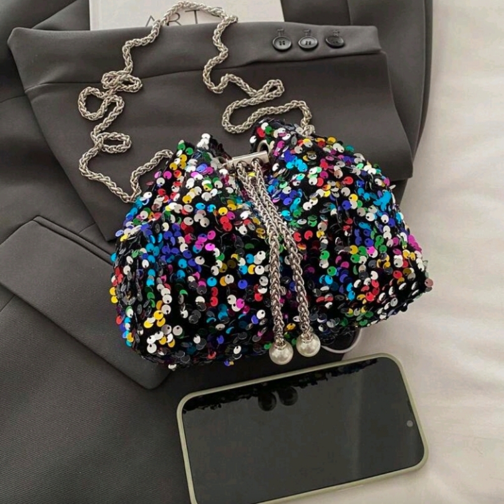 Sequin Drawstring Multicolor Bucket Bag With Chai… - image 7